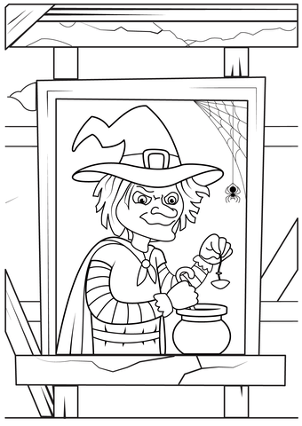 Witch At The Window Of The Haunted House Coloring Page